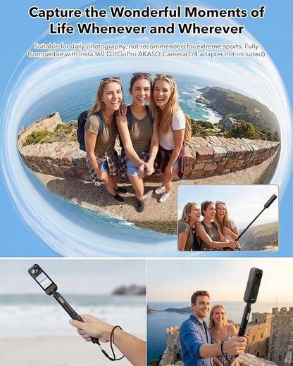SYMIK Invisible Selfie Stick for Insta360 (120cm/47.2in), Aluminum Alloy Extension Stick Portable Extendable Monopod Pole with 1/4'' Screw and Wrist Strap for Insta 360 X5 X4 Air X3 ONE X2 Osmo 360