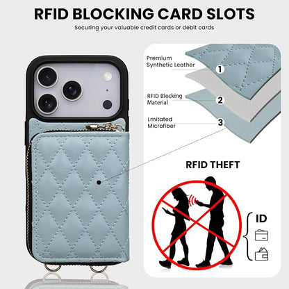 Keallce Case for iPhone 17 Pro 6.3'' Wallet Case, Crossbody Zipper Purse with Wrist Strap Lanyard Handbag, RFID Blocking Card Holders, Kickstand Flip Leather Cover for iPhone 17 Pro, Blue