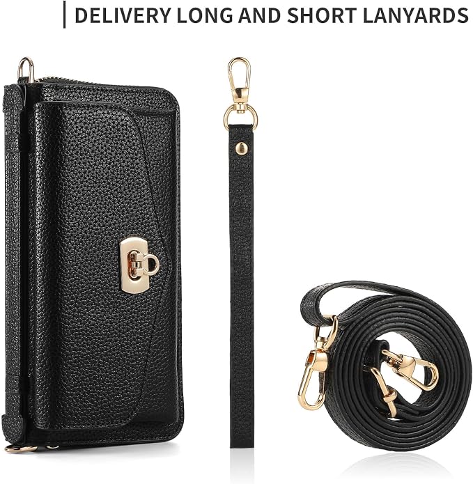 LITOU Compatible for Samsung Galaxy S26 Plus Crossbody Phone Case,Detachable Magnetic,Card Holder,Zipper Leather Wallet Wrist Lanyard Strap Case for Women Men.Black