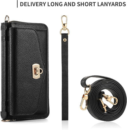 LITOU Compatible for Samsung Galaxy S26 Plus Crossbody Phone Case,Detachable Magnetic,Card Holder,Zipper Leather Wallet Wrist Lanyard Strap Case for Women Men.Black