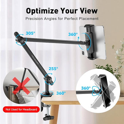 AboveTEK Tablet Stand Holder for Desk & Bed, Aluminum iPad Holder Arm with 360° Rotating Clamp, Adjustable Phone Stand Compatible with 4.7"-13.5" iPad Pro/Air/Mini, iPhone, Galaxy Tab- Black