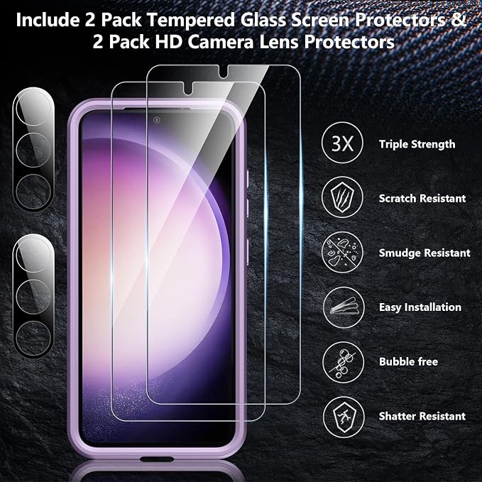 SPIDERCASE Designed for Samsung Galaxy S23 Case, [10 FT Military Grade Drop Protection], 2 Pack [Tempered Glass Screen Protector+Camera Lens Protector] Heavy Duty Shockproof Case, Purple