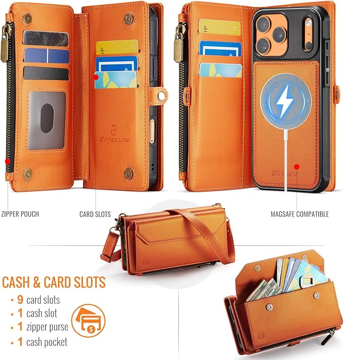 Strapurs for iPhone 17 Pro Detachable Wallet Case Compatible with Magsafe, RFID Blocking 9-Card Holder Zipper Wrist Strap Lanyard PU Leather Magnetic Phone Case for iPhone 17 Pro 6.3", Orange