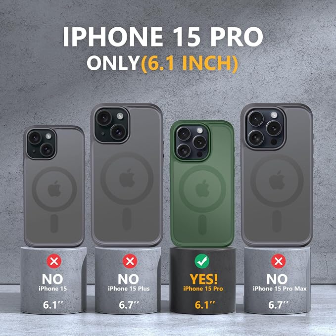 MOCCA Strong Magnetic for iPhone 15 Pro Case, [Compatible with Magsafe][13FT Military Drop Protection] Slim Translucent Matte Shockproof Case for iPhone 15 Pro Phone Case 6.1'', Midnight Green