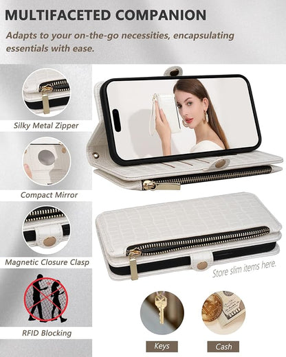 Crossbody Wallet Case for iPhone 13 Pro with Mirror, Wrist Strap, Zipper Purse Magnetic Flip RFID Blocking Card Holder, Wireless Charging, PU Leather Shockproof 6.1" Women (White)