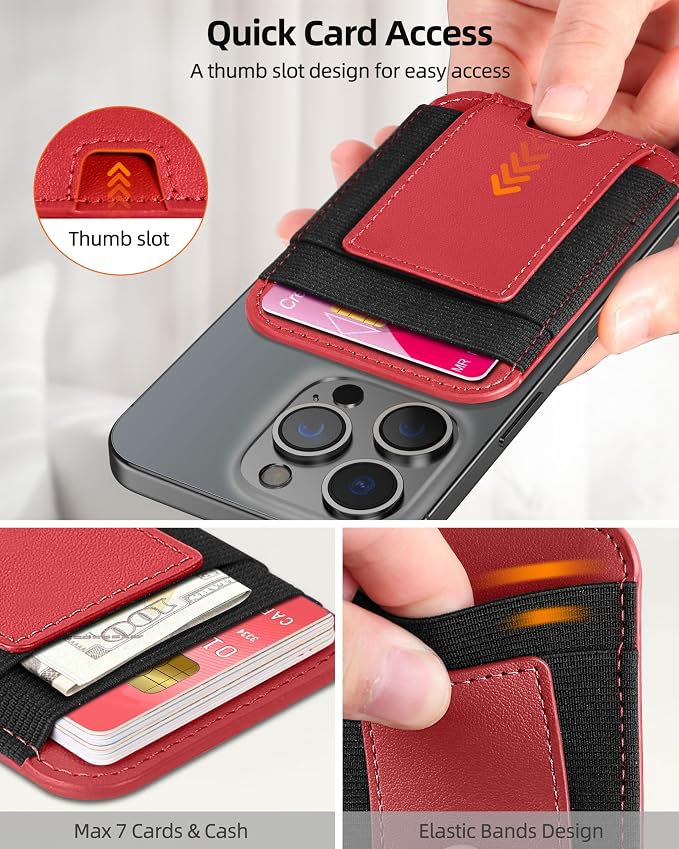 Upgraded for Magsafe Wallet, Strongest Magnetic Wallet for iPhone 17/16/15/14/13/12 Series, Magnetic Card Holder with 2 Card Slots, RFID Blocking, Vegan Leather, Fit 7 Cards, Red