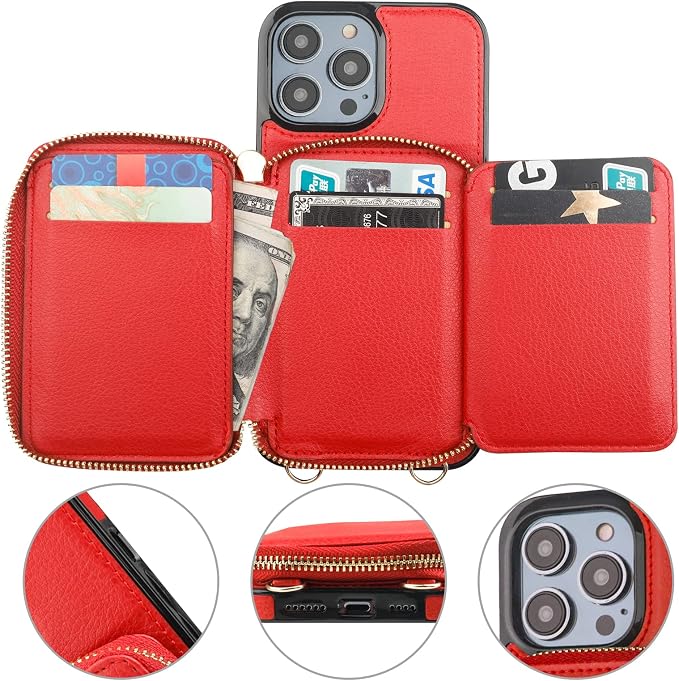 Bocasal RFID Blocking Wallet Case for iPhone 14 Pro Max, Adjustable Crossbody Zipper Purse Case with Kickstand and Detachable Wrist Strap, PU Leather Flip Folio 6.7 inch (Red)