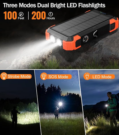 GOODaaa Portable Charger 42800mAh Built in 4 Cables and Thermometer 15W Fast Charging Power Bank Five Outputs Three Inputs Solar Charger Power Bank, SOS/Strobe/Strong Flashlights, Carabiner