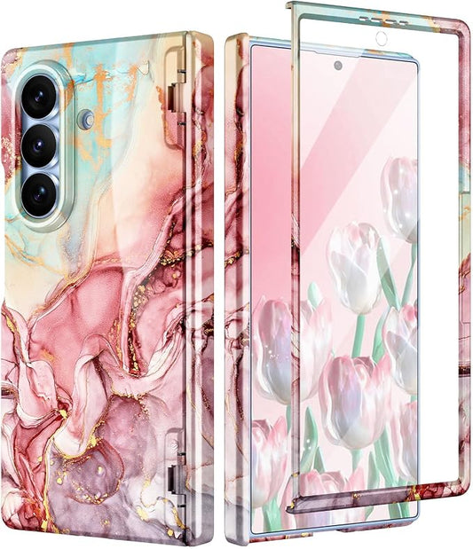 Btscase for Samsung Galaxy Z Fold 8 Ultra Case,Built in Front Screen Protector,[Compatible with MagSafe] Marble Hard PC Slim Shockproof Full Body Drop Protective Case for Z Fold 8 Ultra, Rose Gold