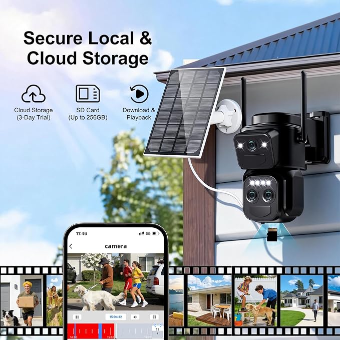 Triple-Lens Solar Security Cameras Wireless Outdoor, 2.4G/5G WiFi Cameras for Home Security with 10X Zoom, Full Color Night Vision, PlR Human Detection, Auto Tracking, Spotlight Siren, Alexa, IP66