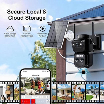 Triple-Lens Solar Security Cameras Wireless Outdoor, 2.4G/5G WiFi Cameras for Home Security with 10X Zoom, Full Color Night Vision, PlR Human Detection, Auto Tracking, Spotlight Siren, Alexa, IP66