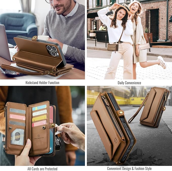 Strapurs Wallet Case Compatible with iPhone 16 Pro 6.3" RFID Blocking 10-Card Holder Soft PU Leather Magnetic Snap Shoulder Strap Zipper Pocket Phone Case Fit for iPhone 16 Pro for Women - Brown