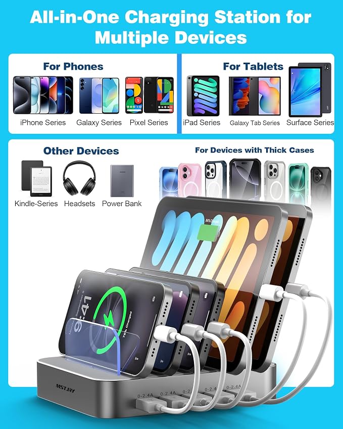 MSTJRY Charging Station for Multiple Devices : 5 Port Multi USB-A Charger Stations Multi-Device Organizer Charging Dock Designed for iPhone iPad Cell Phone Tablets (7 Short Cables Included), Silver