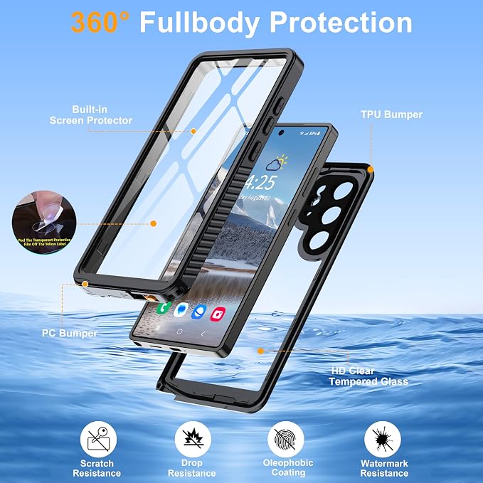 for Samsung Galaxy S25 Ultra Case, IP68 Waterproof with Built-in Screen&Lens Protector [14FT Military Shockproof] Full Body Heavy Duty Protective Phone Case for S25 Ultra 5G, Black