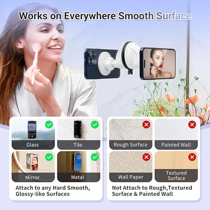 PROfezzion Magnetic Shower Mirror Phone Holder Reusable Suction Cup Phone Mount Compatible with iPhone 17 16 15 14 13 12 & All Phones, Rotating Stand for Glass Window Bathroom Kitchen, White