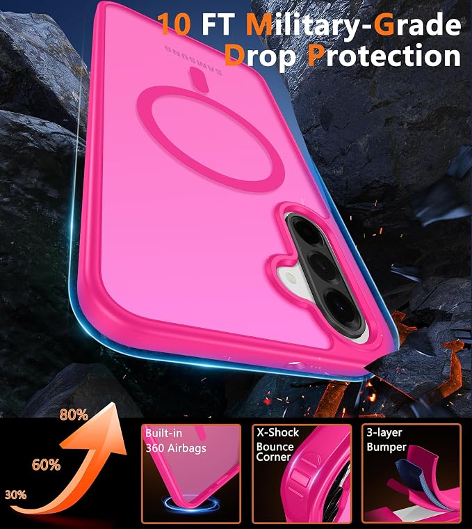 FNTCASE for Galaxy A26 5G Phone Case: Magnetic Matte Translucent Military Grade Drop Protection Cell Phone Cover - Slim Rugged Durable Shockproof Protective for Samsung A26 Cases - Hot Pink