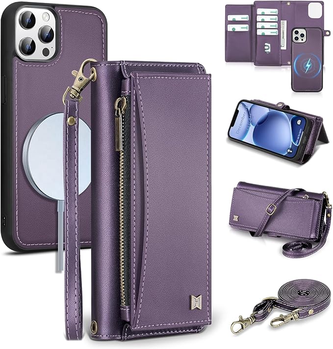 Wallet Case for iPhone 12 Pro Max with Card Holder/Crossbody Wallet/Strap| RFID Blocking | Magnetic | Kickstand | Detachable | PU Leather Phone Case for iPhone 12 Pro Max,6.7 in,Purple