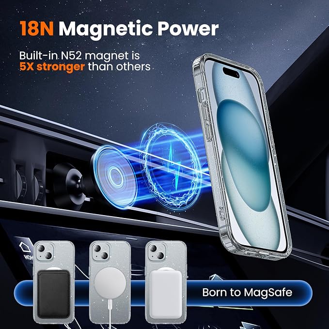 3 in 1 for iPhone 15 Case Clear with MagSafe, Not Yellowing, Screen Protector*1 Camera Lens Protector*1, Military-Grade Protection for iPhone 15 Phone Case 6.1 inch Clear Glitter