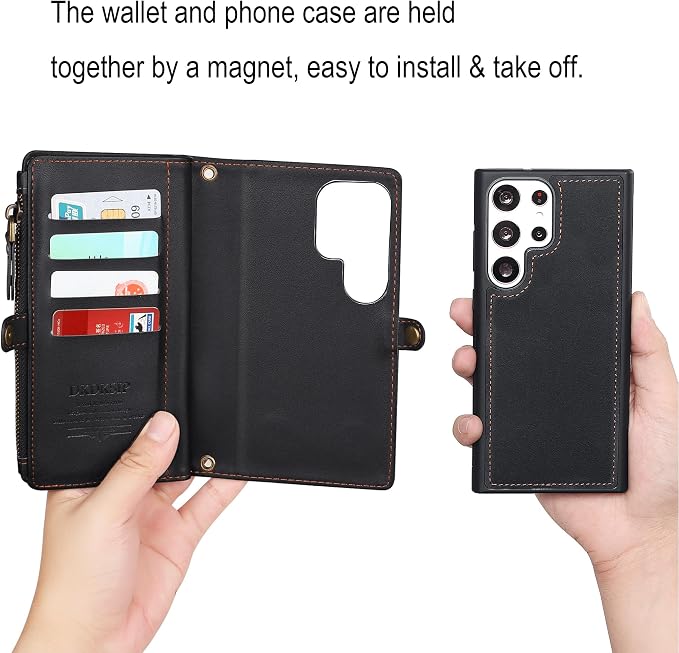 for Samsung Galaxy S25 Ultra Wallet Case for Women, Support Wireless Charging with RFID Blocking Card Holder, PU Leather Wallet Detachable Magnetic Phone Case Crossbody Strap, (Black)