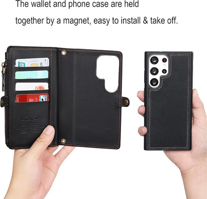for Samsung Galaxy S25 Ultra Wallet Case for Women, Support Wireless Charging with RFID Blocking Card Holder, PU Leather Wallet Detachable Magnetic Phone Case Crossbody Strap, (Black)