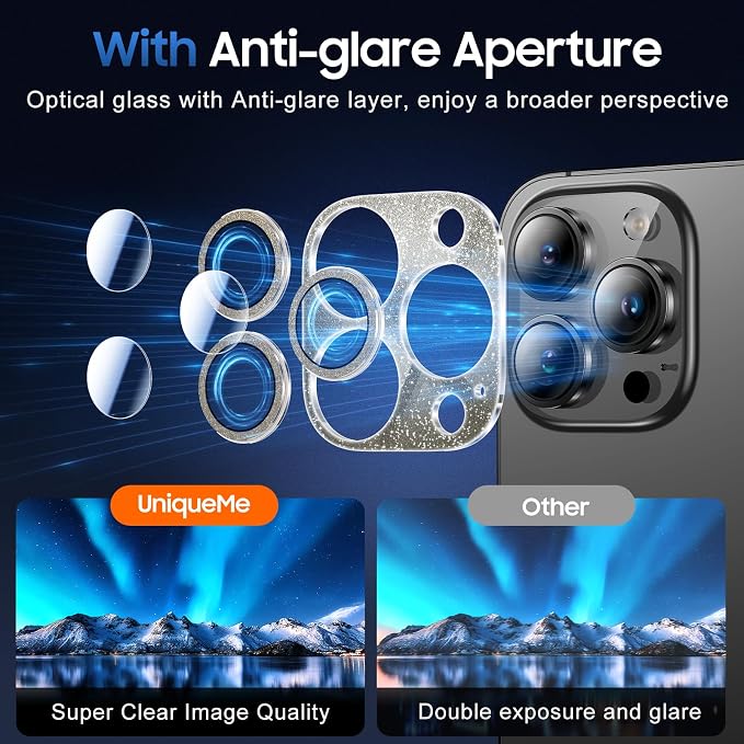 UniqueMe 3 Packs Compatible for iPhone 13 Pro Max/iPhone 13 Pro Camera Lens Protector Acrylic [Not Glass],[Case Friendly][Scratch-Resistant][Night Shooting Mode]-Glitter Black