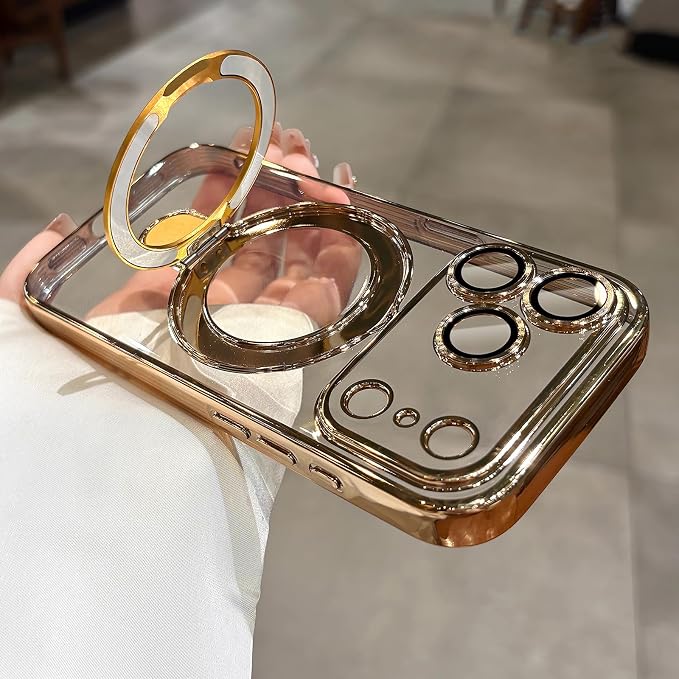 LXK Magnetic Invisible Stand for iPhone 17 Pro Case 6.3" Compatible with MagSafe, Military-Grade Protection, with Camera Protector, Clear Scratch-Resistant Back Cover for iPhone 17 Pro, Gold