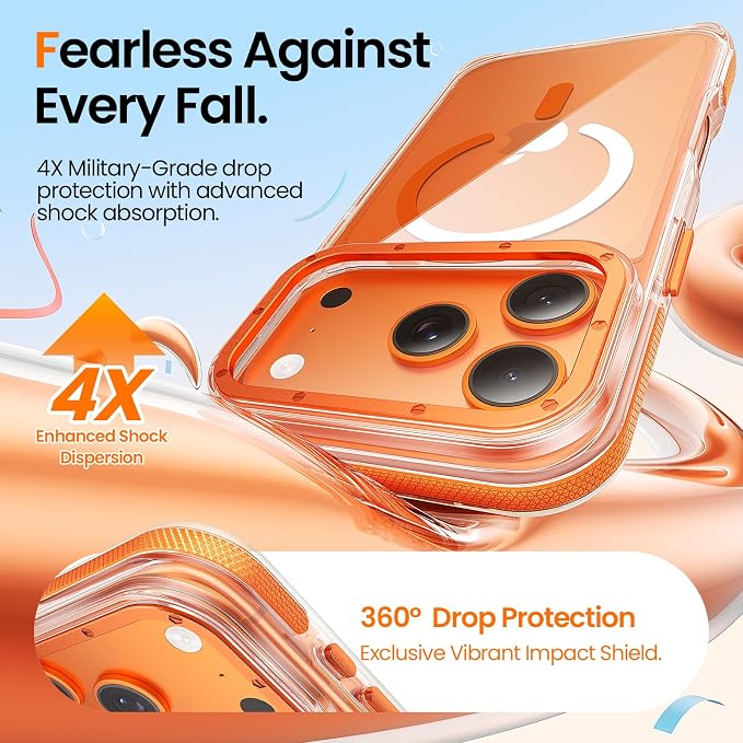 Strong Magnetic for iPhone 17 Pro case with camera lens protector [10Ft Military-Grade Protection] Compatible with fit MagSafe Shockproof Slim Thin Cover case for iPhone 17 Pro 6.3 inch, Clear Orange