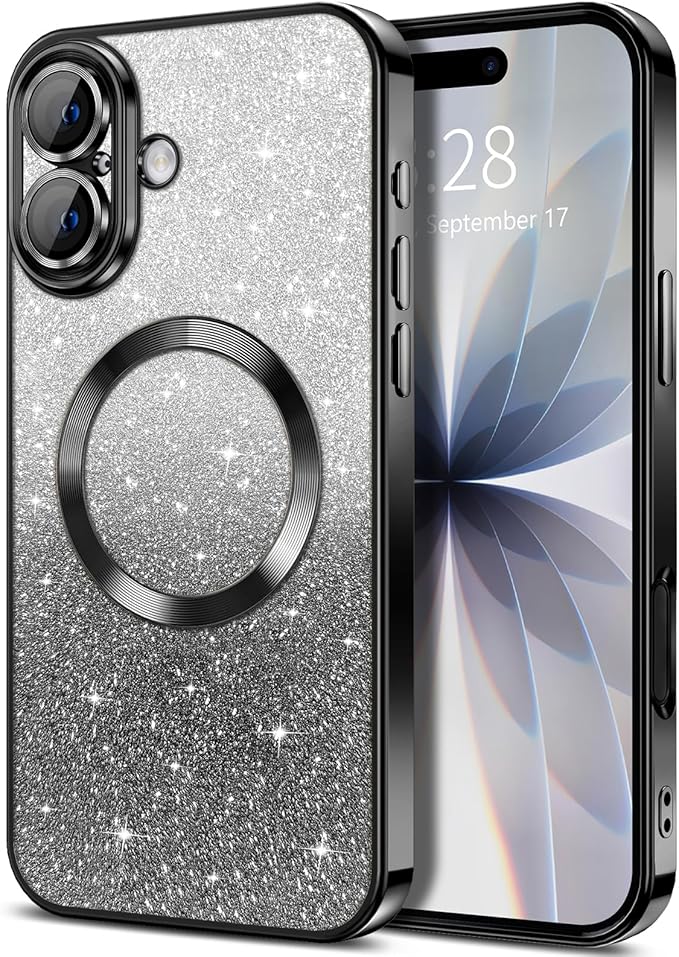 Hython for iPhone 17 Case Glitter Clear Magnetic Phone Cases [Compatible with MagSafe] Full Camera Lens Protector Sparkle Luxury Plating Slim Shockproof Protective Cover Women, Gradient Black