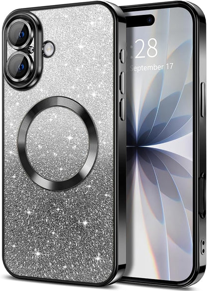 Hython for iPhone 17 Case Glitter Clear Magnetic Phone Cases [Compatible with MagSafe] Full Camera Lens Protector Sparkle Luxury Plating Slim Shockproof Protective Cover Women, Gradient Black