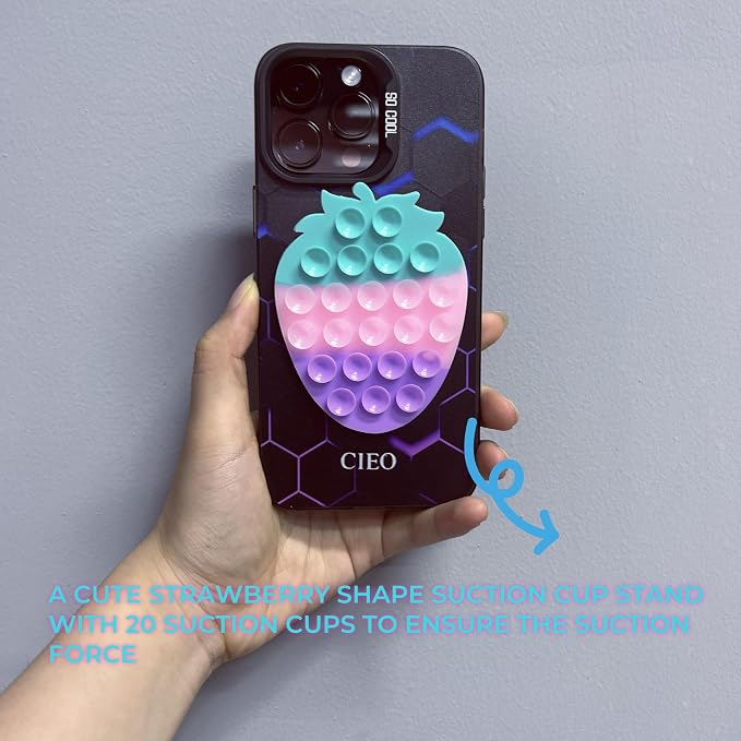 Silicone Phone Grip, 23 Suction Cups, Suitable for Selfies and Videos on Mirrors, bathrooms and Smooth Surfaces, Compatible with iPhone, Samsung, etc. (Strawberry Shape, Light Pink)