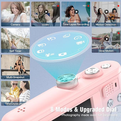 Digital Camera, 4K Vlogging Camera with 64MP, Point and Shoot Digital Cameras with 18X Zoom, Anti-Shake, Mode Dial, 32GB SD Card, Card Reader, Charger, Compact Small Cameras, Blush Pink