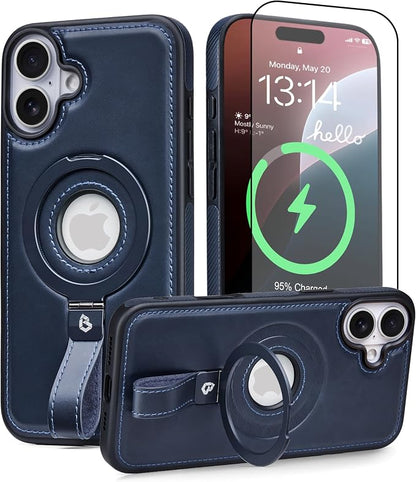 for iPhone 16 Plus Leather Case with Stand, Anti-Slip Grip Ring, Fits for MagSafe (Blue, iPhone 16 Plus)