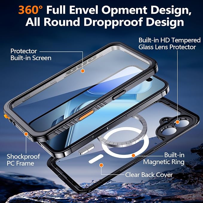 xiwxi for iPhone 16 Plus Case Waterproof,[IP68 Underwater][Built-in Screen Protector & Camera Protector][15FT Military Dropproof][Dustproof] Full Body Shockproof Protective Phone Case 6.7" Black
