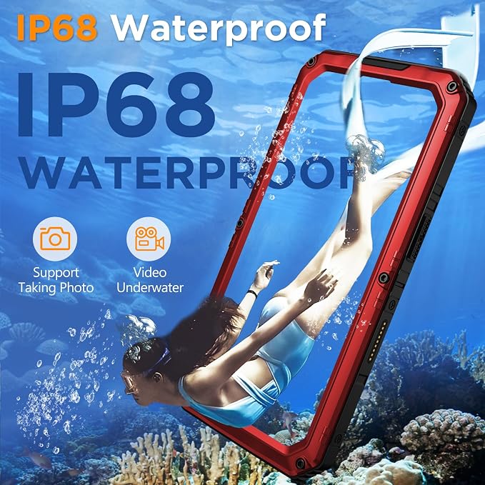 Mitywah Waterproof Case for iPhone 16 Pro Max, Heavy Duty Metal Cover with Built-in Screen Protector, Military Grade Full Body Shockproof Rugged Protective Phone Case 6.9 inch, Red