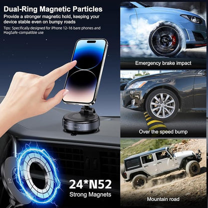 Jikasho Vacuum Magnetic Car Phone Holder for Magsafe, Hands-Free 360° Adjustable Suction Cup Phone Mount for Car/Gym/Mirror/Smooth Surface, Compatible with iPhone & Android (Space Grey)