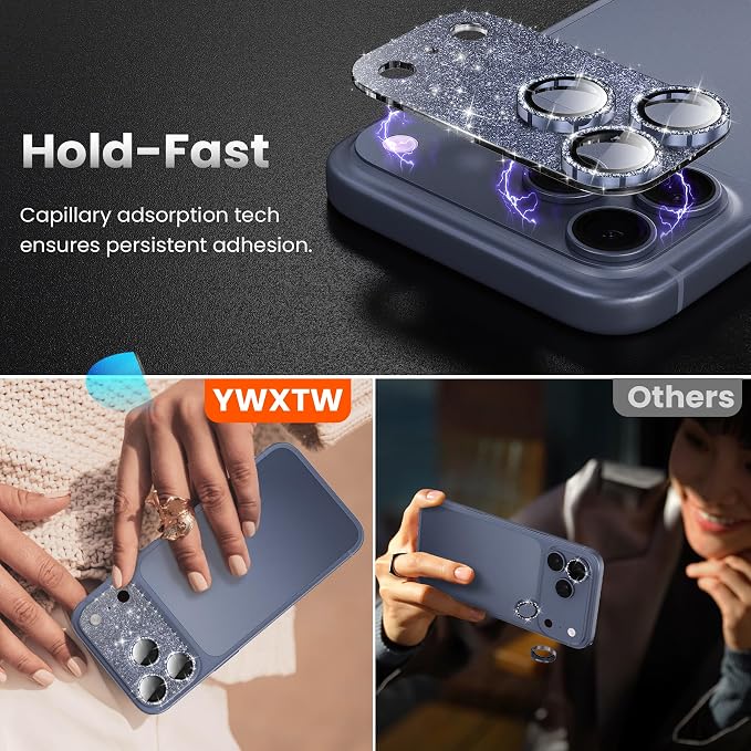 YWXTW for iPhone 17 Pro Camera Lens Protector, [Upgraded Glitter Design] Full Bling Sparkly Diamond Tempered Glass Screen Protector Metal Camera Cover Accessories (Glitter Blue, iPhone 17 Pro)