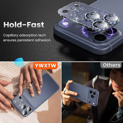 YWXTW for iPhone 17 Pro Camera Lens Protector, [Upgraded Glitter Design] Full Bling Sparkly Diamond Tempered Glass Screen Protector Metal Camera Cover Accessories (Glitter Blue, iPhone 17 Pro)