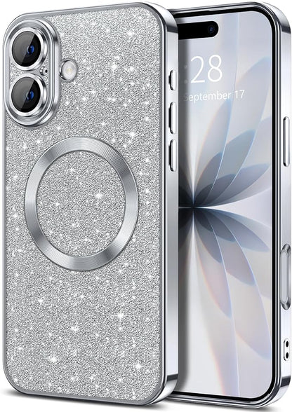 Hython for iPhone 17 Case Glitter Clear Magnetic Phone Cases [Compatible with MagSafe] Full Camera Lens Protector Sparkle Luxury Plating Slim Shockproof Protective Cover Women, Silver