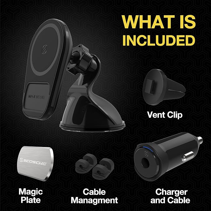 Scosche MQ5WDV-1 MagicMount Pro Charge5 Window/Dash/Vent 15W Magnetic, Qi-Certified, Wireless Charging Phone Mount, Cell Phone Holder for Car Compatible with MagSafe, iPhone, Galaxy and Qi Devices