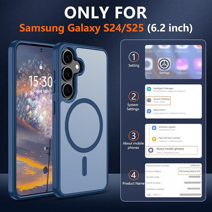 For Samsung Galaxy S24 Case & Galaxy S25 Case [Compatible with Magsafe] Translucent Matte Magnetic Phone Case,Slim Thin Duty Shockproof Protection with 2pc Screen Protector for S24/S25-Dark blue