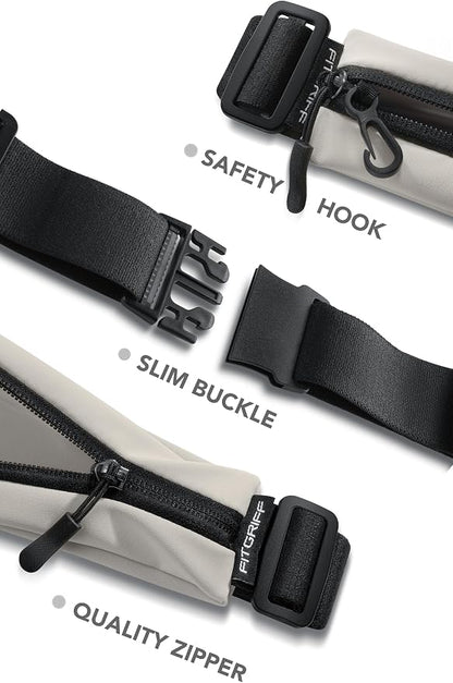 Fitgriff® Running Belt V2 for Men & Women - Slim Fanny Pack, Phone Holder for Jogging, (Fits All Cell Phones) - Money Belt, Runners Waist Pouch (Light Taupe, One Size (Waist 24.4 – 43.3 inches))