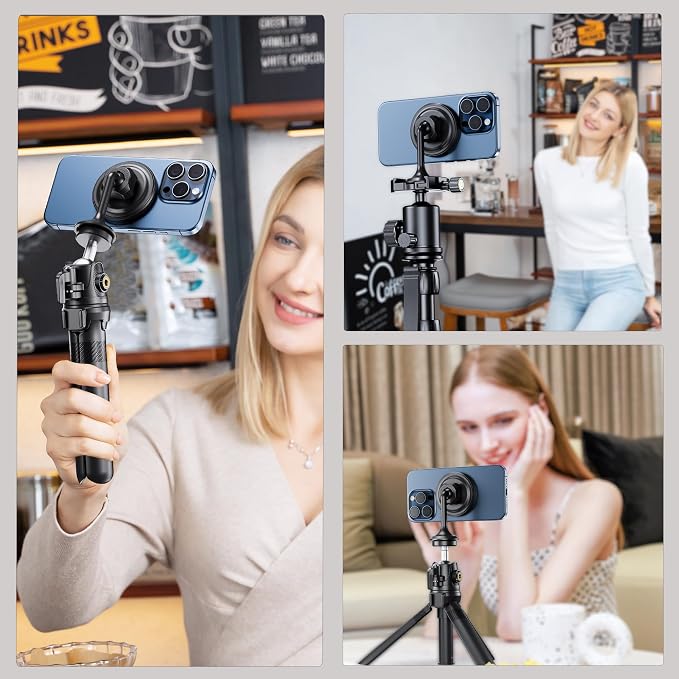 Magnetic Phone Tripod Mount Adapter with Arca Base &1/4" Screw Hole Compatible with MagSafe, 60° Tilt iPhone Tripod Holder for iPhone 17 16 15 14 13 12 Pro Max Plus, Selfie Stick Tripod Arca Ball Head