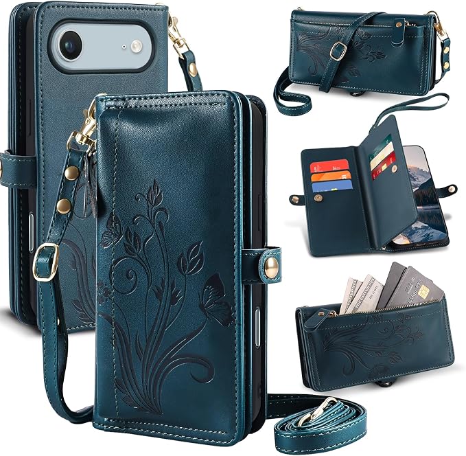 Lacass for iPhone 17 Air Case Wallet,[Cards Theft Scan Protection] Card Holder Zipper Leather Flip Cover Crossbody Wrist Strap with Stand (Floral Cyan Green)
