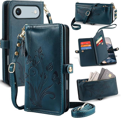Lacass for iPhone 17 Air Case Wallet,[Cards Theft Scan Protection] Card Holder Zipper Leather Flip Cover Crossbody Wrist Strap with Stand (Floral Cyan Green)