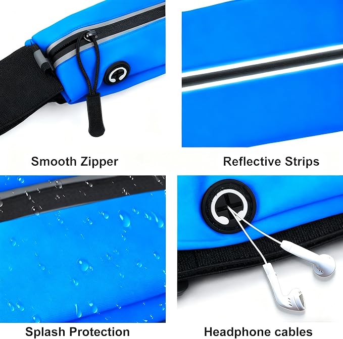 Slim Running Belt For Men and Women Waist Fanny Pack Phone Holder Pouch Bag Reflective Zipper Pocket Workout Cycling Fitness Bright Blue