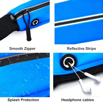 Slim Running Belt For Men and Women Waist Fanny Pack Phone Holder Pouch Bag Reflective Zipper Pocket Workout Cycling Fitness Bright Blue