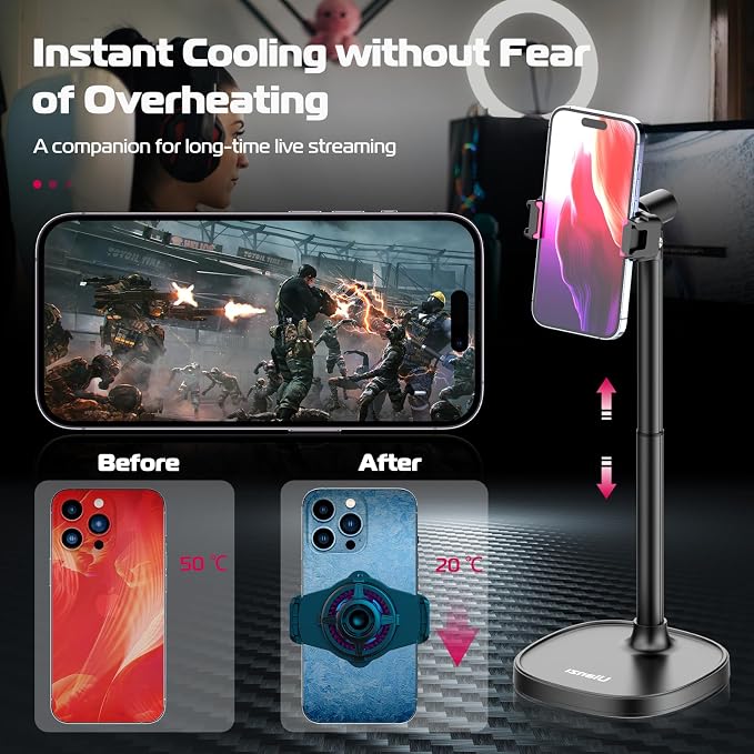ULANZI SK-06 Cell Phone Stand with Phone Cooler, Desktop Phone Live Streaming Solution with Phone Cooling Fan, Height Adjustable Phone Cooler Stand Compatible with All Mobile Phones, iPhone & Android