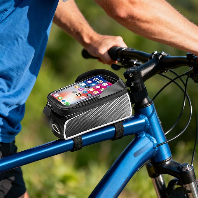 Waterproof Bike/eBike/Frame Bag,Bike Front Bag for Handlebar,Electric Bike Phone Bag,Bicycle Pouch with Rain Cover,Bike Accessories Storage Bag For Compatible Phone Under 7”