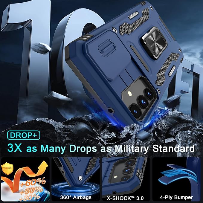 DEERLAMN Case for Samsung Galaxy A16 5G with Slide Camera Cover+Screen Protector (1 Pack), Rotated Ring Kickstand Military Grade Shockproof Protective Cover-Navy Blue