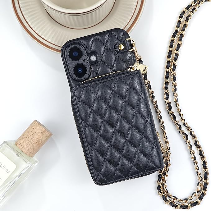 Compatible with iPhone 17 Case Wallet for Women, Stylish Crossbody Wallet Case with Detachable Chain Strap&Card Slots Holder, Quilted PU Leather Kickstand Phone Cases for iPhone 17, 6.3 inch